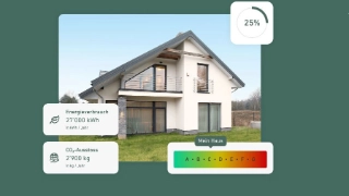 Einfamilienhaus mit Informationen zum Energieverbrauch, CO2-Ausstoss und Energieeffizienzklasse aus einem Energie-Check von myky.